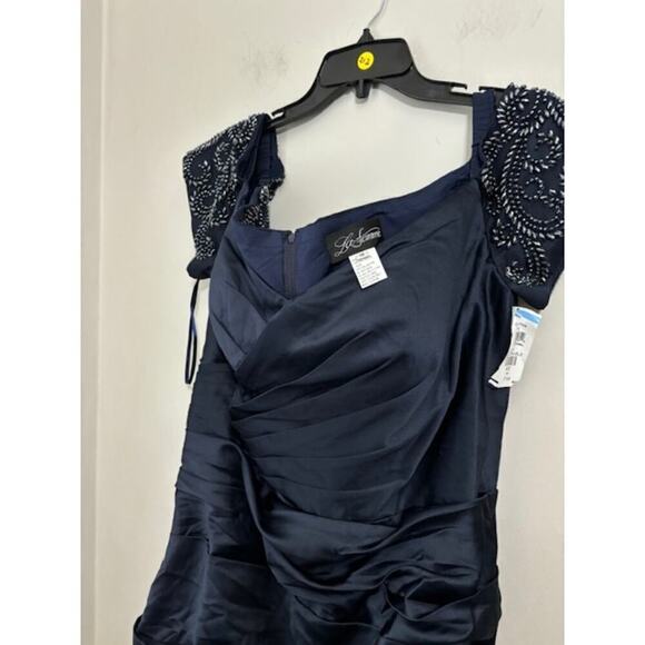 NWT La Femme 25996 Off the Shoulder Beaded Satin Trumpet Gown Blue Size 18 - Picture 9 of 10